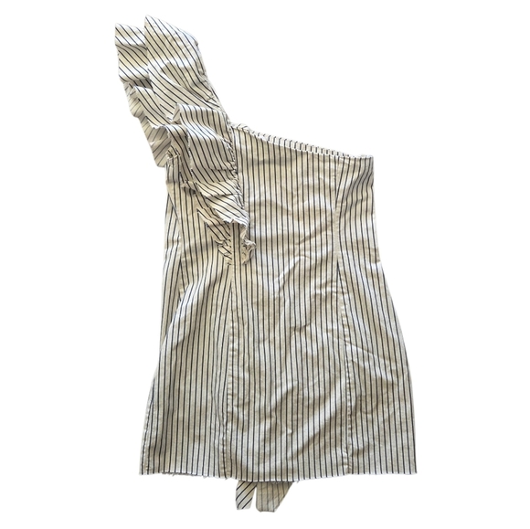 NWT Zara TRF | Asymmetrical One Shoulder Ruffle Cream Denim Stripe Dress Medium - Picture 8 of 8